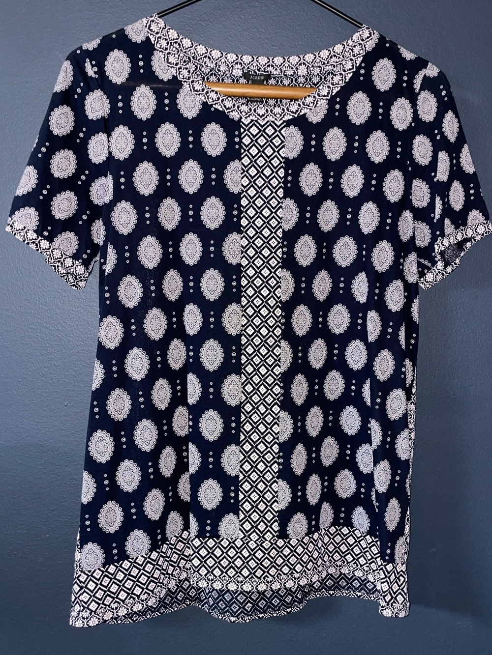 J. Crew Navy & White Medallion Patterned Short Sleeve Cotton Blouse Top, New